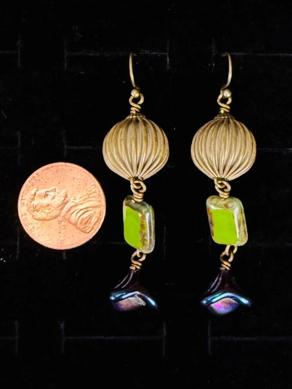 Vintage bronzetone, long Bohemian chic costume pierced earrings